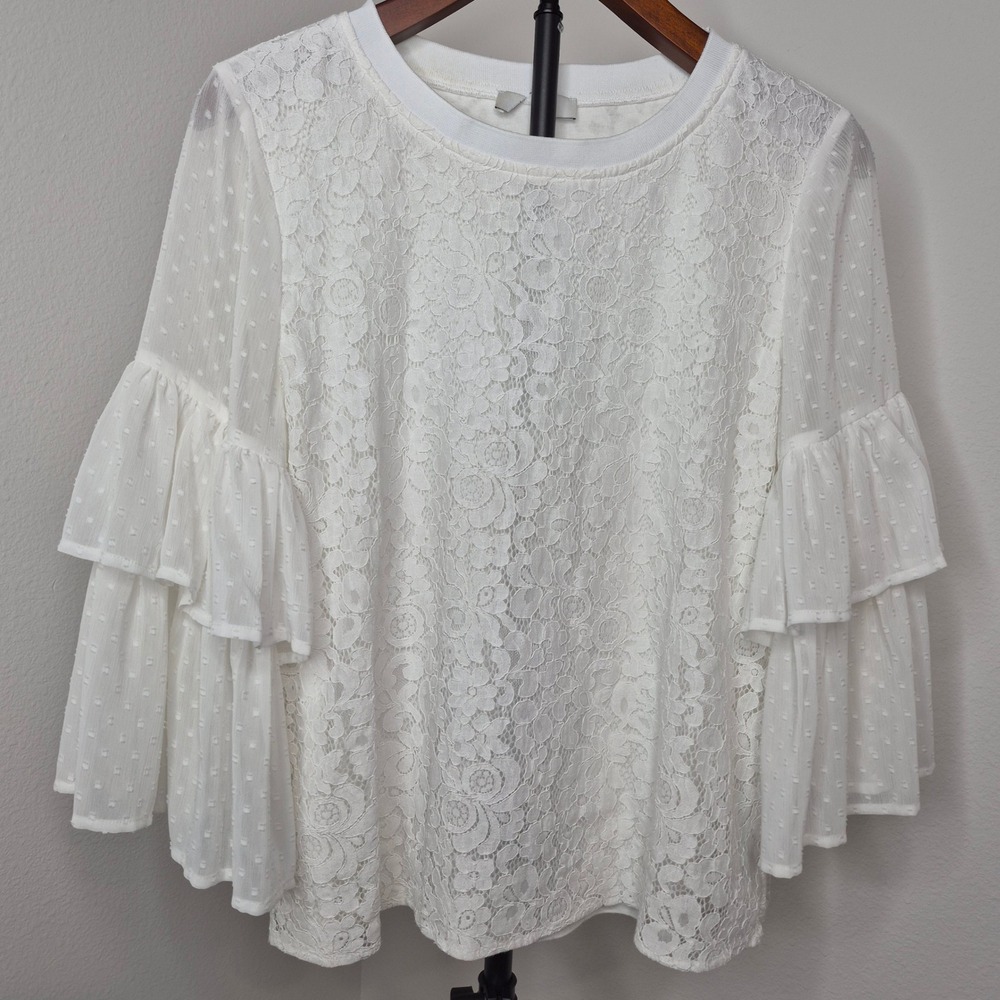 Kensie‎ White Floral Lace Ruffle Bell Sleeve Blouse Swiss Dot Tiered Top Large